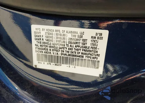 2008 Honda Odyssey Touring из США, поврежденный, VIN 5FNRL38938B044056